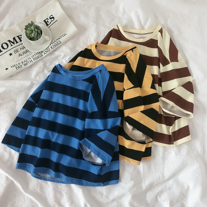 2020 полосатая футболка с коротким рукавом женская летняя Корейская свободная |