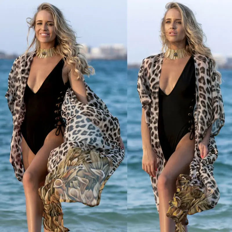 

Женские Летние шифоновые накидки с леопардовым принтом, бикини, Пляжное солнцезащитное платье