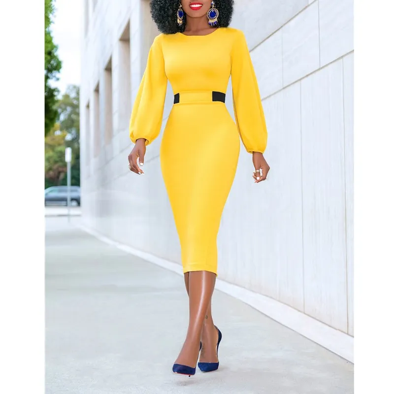 Женское облегающее платье с круглым вырезом и длинным рукавом офисное