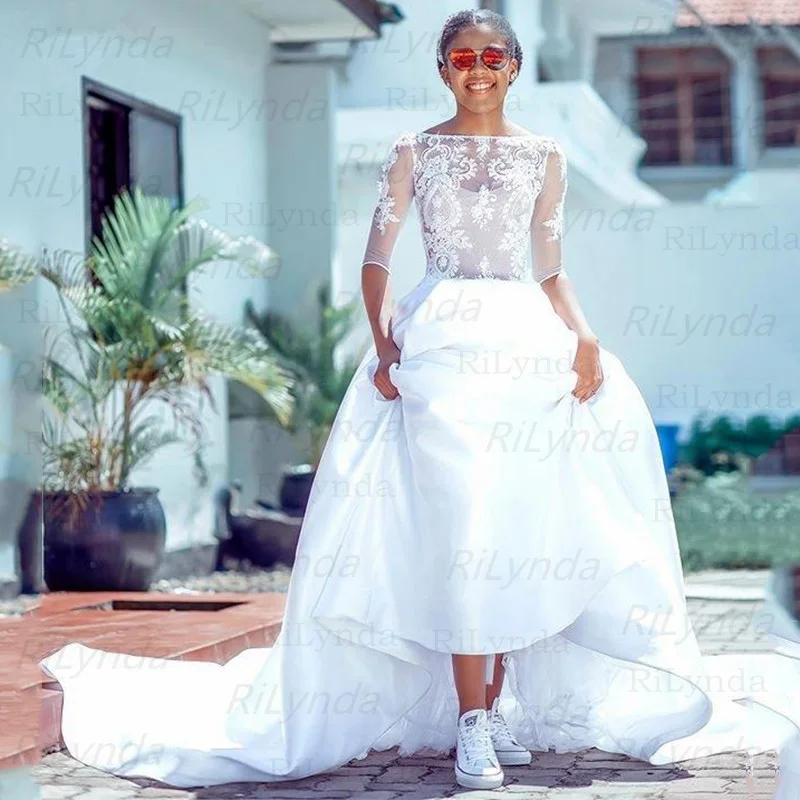 2020 Белое Атласное Свадебное платье с рукавом до локтя бальное в стиле бохо