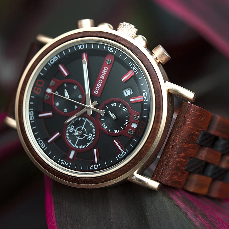 

Relogio Masculino BOBO BIRD Wood Watch Men Luxury Brand Auto Date Chronograph Quartz Wristwatch Gift Clock Wood Box Reloj Hombre
