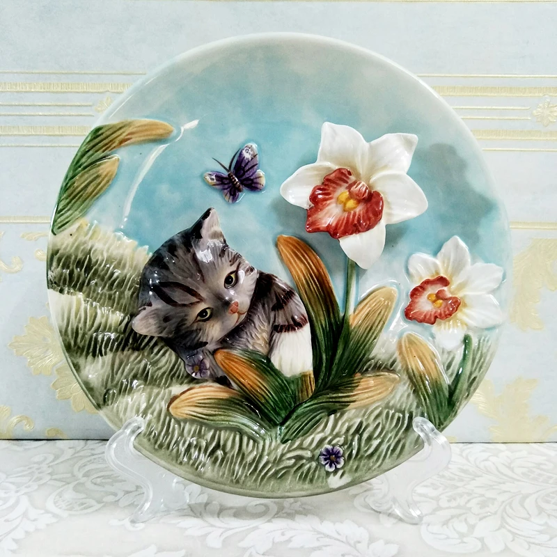 Рельефная керамическая подвесная тарелка с котенком ручная роспись новые