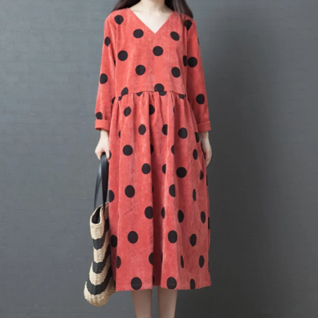 Повседневное платье в горошек для девушек осеннее средней длины с