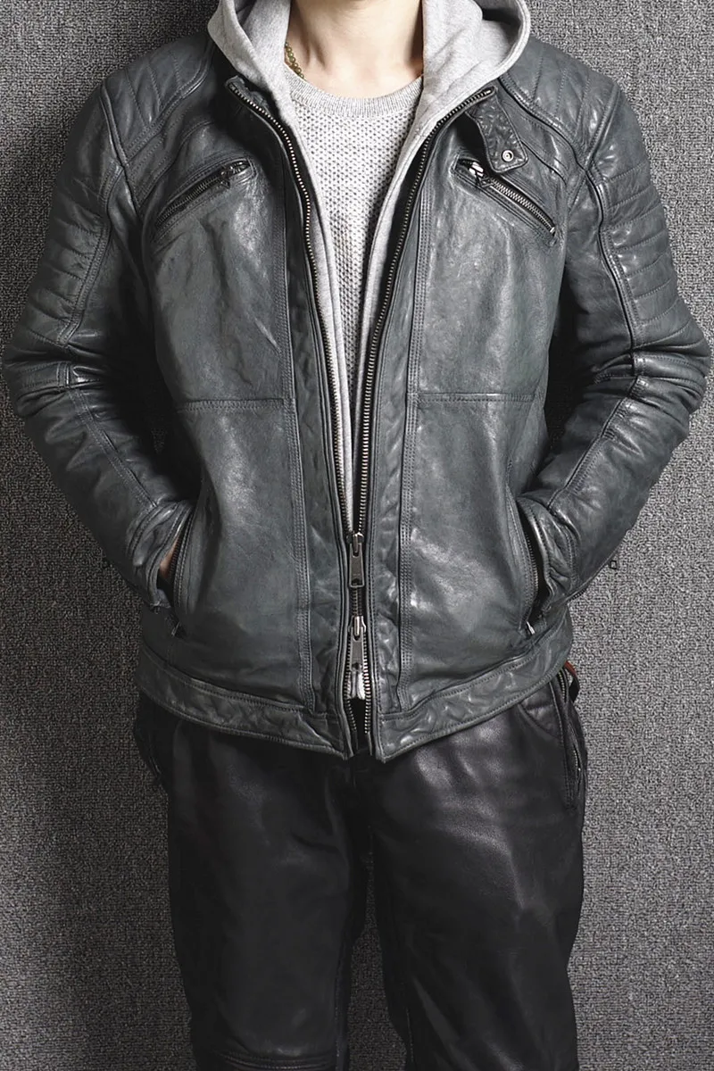 

men's hooded 2021 motorcycle leather jacket hat removable fashion gray winter leather coat men cotton liner stone wash