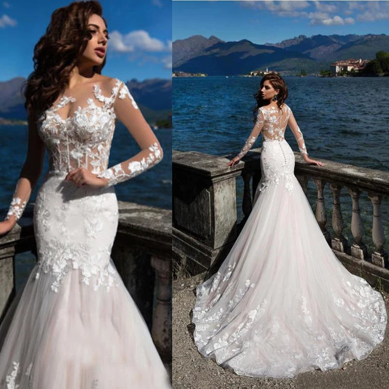 

Mermaid Lace Fabric High Quality Sweetheart Long Sleeves Gowns Dress Plus Size vestidos de novia White Ivory Wedding Dress 2021