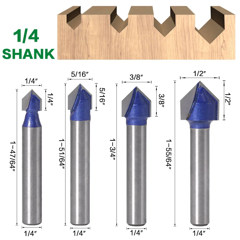 

1PC 1/4" 6.35MM Shank Milling Cutter 90Degree V Groove Bit 1/4" 5/16" 3/8" 1/2" Solid Router Bit Carbide Milling Cutter Woodwork