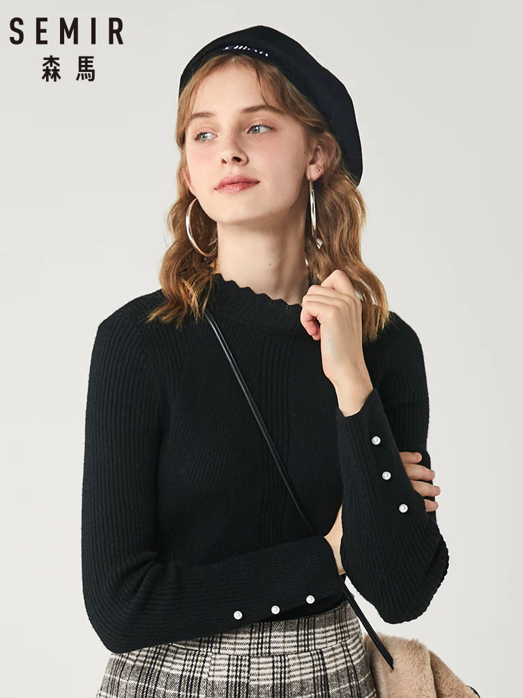 Женский свитер с воротником SEMIR вязаный длинным рукавом и деревянными ушами зима
