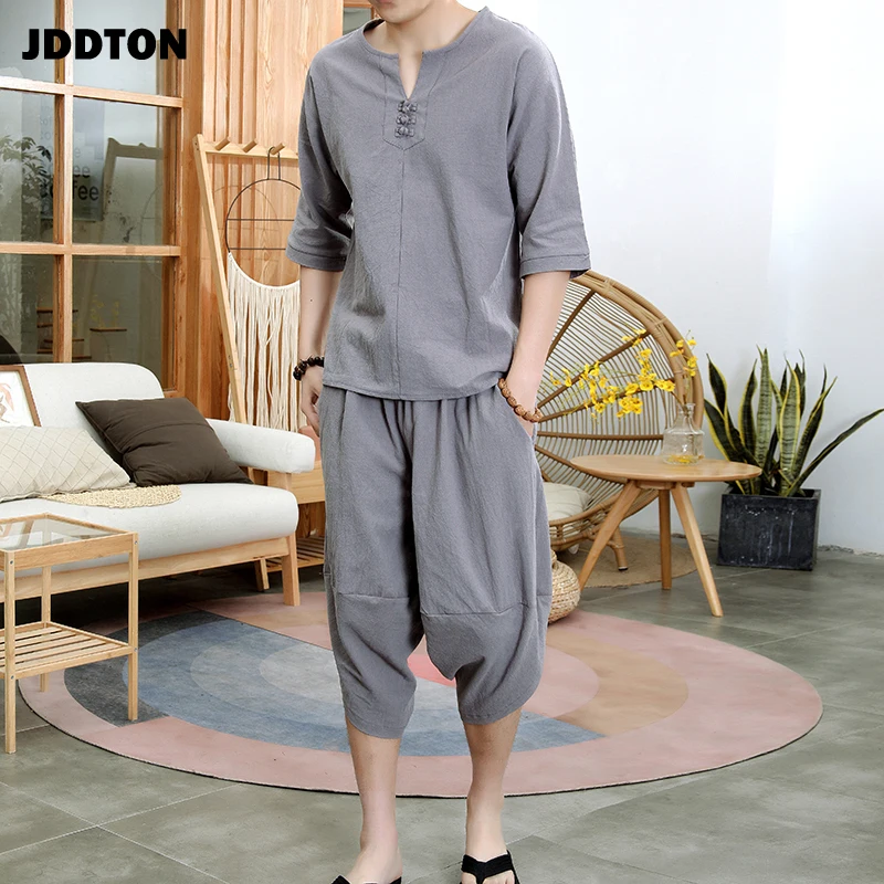 Костюм JDDTON мужской из хлопка и льна свободный комплект одежды двух предметов
