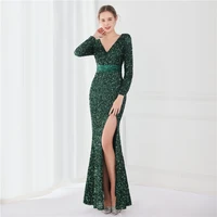 women 2022 new elegant velvet long sleeve v neck floor length evening dress sexy hight slit sequin party maxi dress vestidos