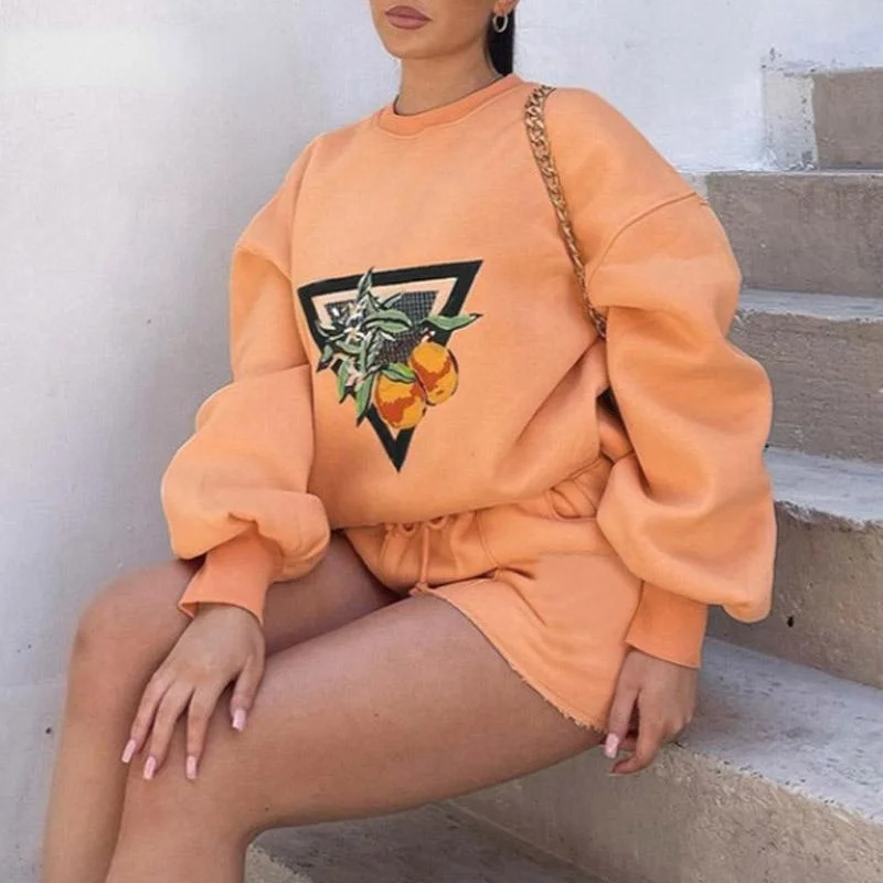 

Осенний Модный комплект из двух предметов с принтом Харадзюку, новый топ с круглым вырезом и длинными рукавами + шорты, спортивный костюм, же...