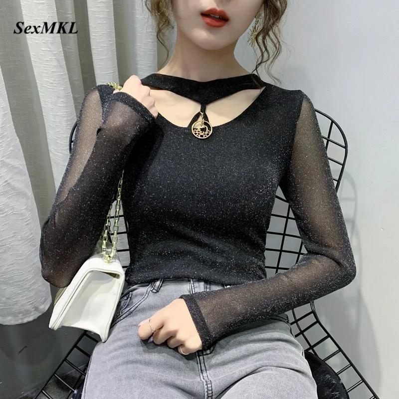 

Большие размеры, сексуальные футболки для женщин 2020, модные повседневные черные женские Топы с длинным рукавом, осенняя Корейская одежда, з...