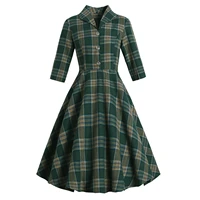 2021 elegant green plaid women dresses pin up vintage retro 50s 60s swing rockabilly dress england hepburn knee length jurken