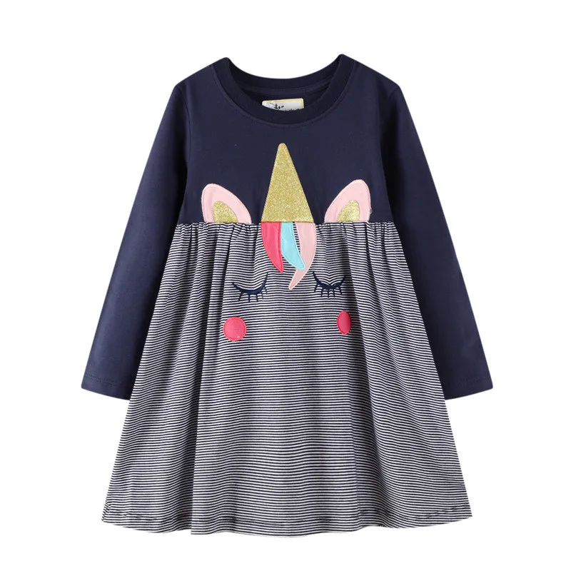 

Jumping Meters Baby Party Dress with Animals Applique Baby stripe Dress New Cotton Kids Girls Dress