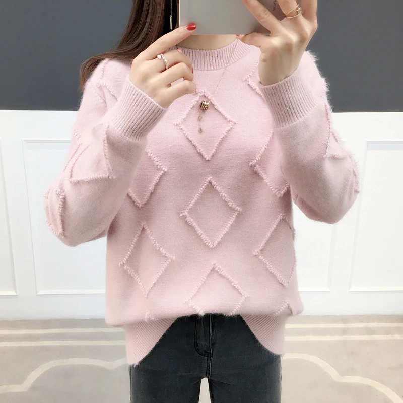 Women Solid Winter Sweater Chic Thick Pullovers Fashion Knitting Geometric Ladies Long Sleeve Casual Warm Lady |