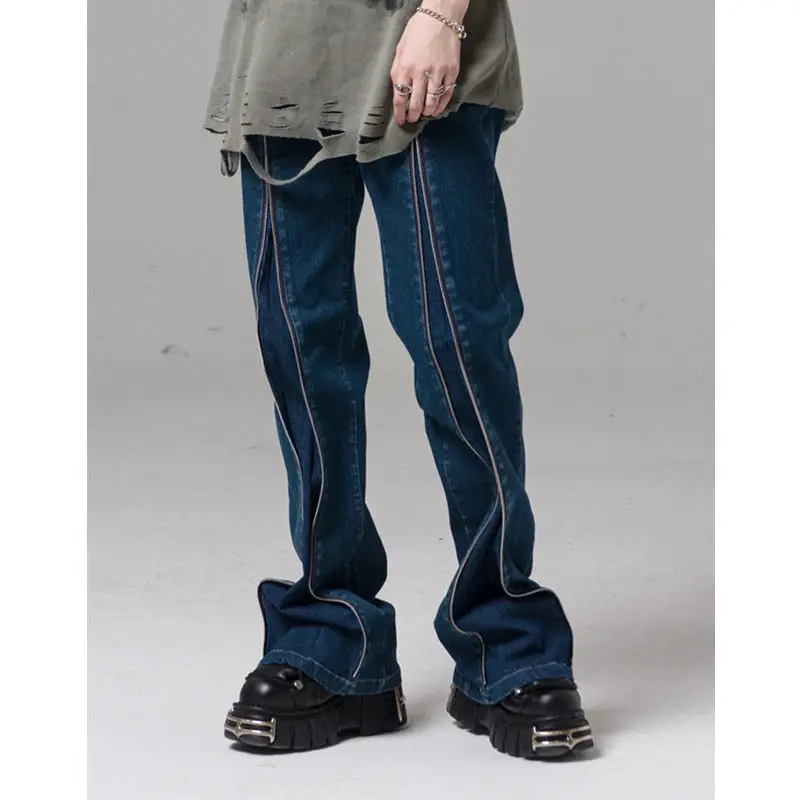 Vintage Jeans Men Stripe Zipper Horn High Street Vibe Retro Hiphop Men Jeans Trousers Hip Hop Wash Elastic Patchwork Jeans Women