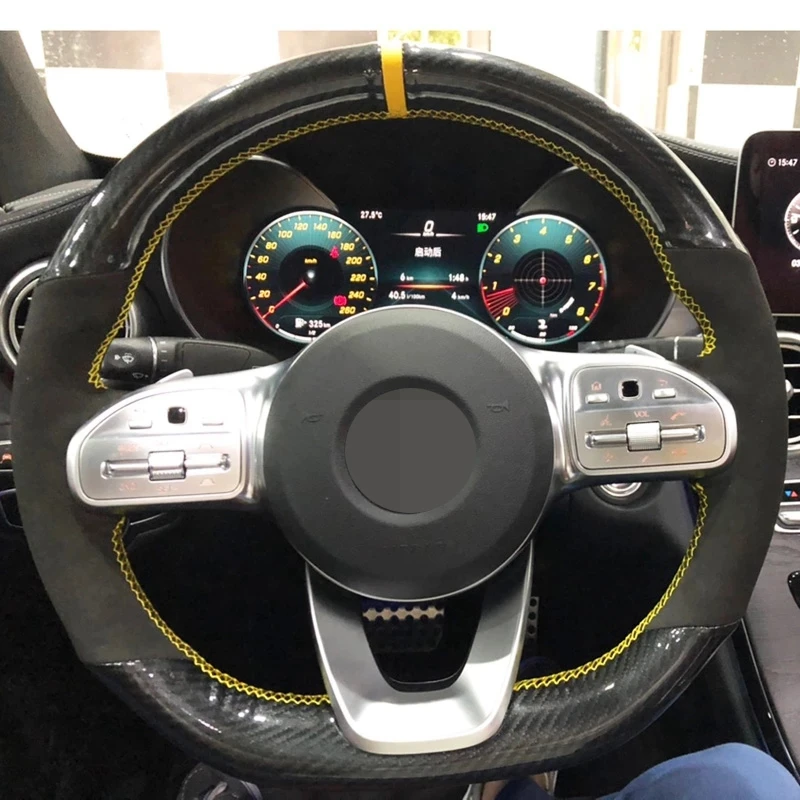 

Hand-Stitched Soft Black Carbon Fiber Suede Car Steering Wheel Cover For Mercedes-Benz A-Class W177 2018-2019