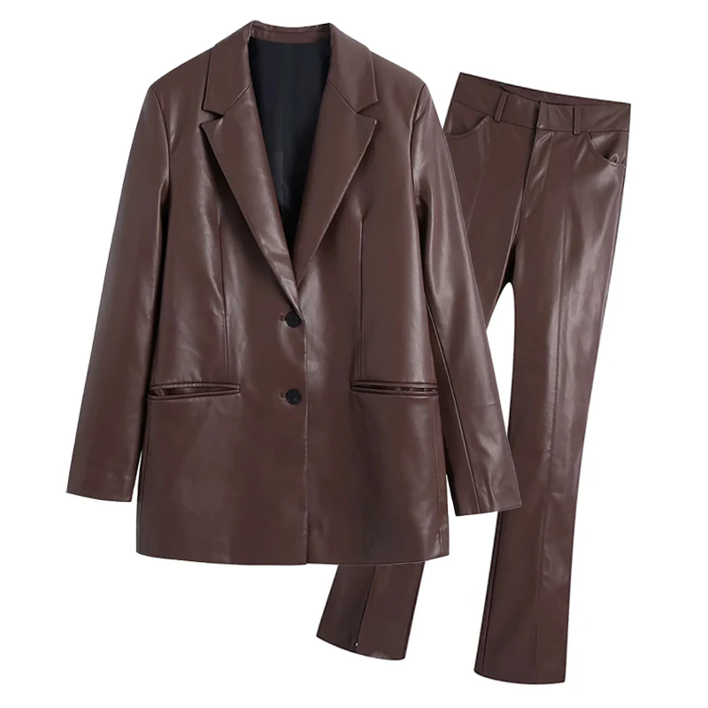 

Женский винтажный костюм из двух предметов, однотонный костюм из искусственной кожи с отложным воротником и брюки из искусственной кожи с в...