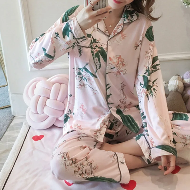 Pink Женская Повседневная Домашняя одежда с цветочным принтом, комплект из 2 предметов, женская одежда для сна, Дамский пижамный комплект, женская одежда для сна с отложным воротником - Цвет: Pink