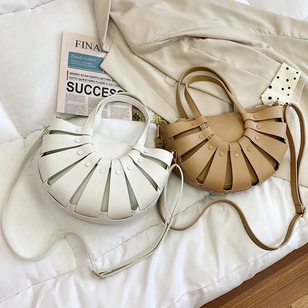 

Fashion Women PU Leather Bag Hollow Semicircle Solid Color Shoulder Crossbody Big Casual Handbag Female Shopping Bag