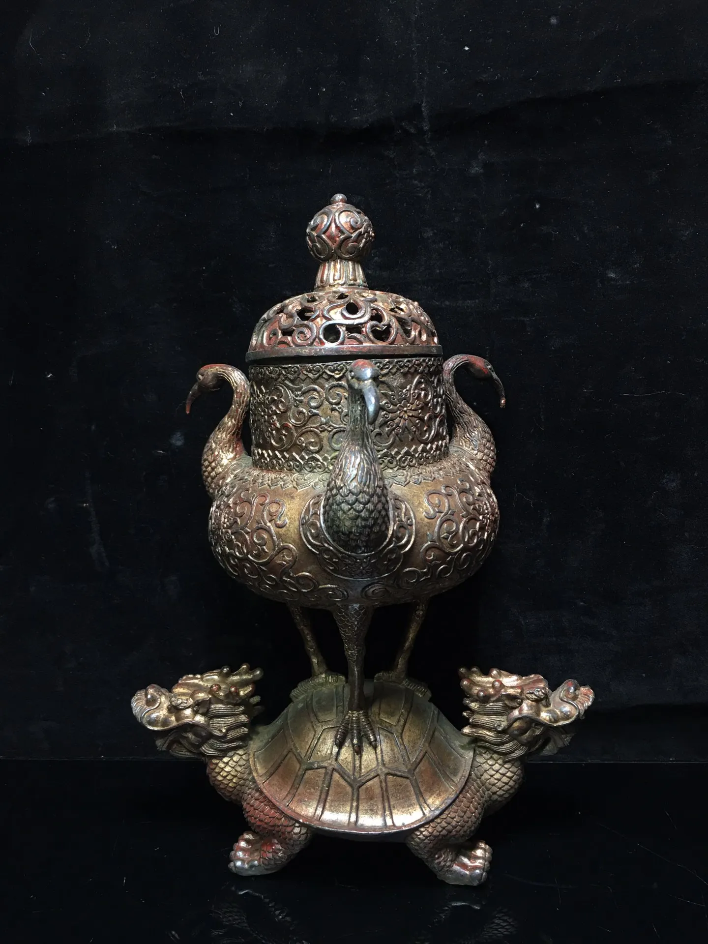 

13" Tibet Buddhism Old Bronze Cinnabar Lacquer Dragon turtle Red-crowned crane statue incense burner Town House Exorcism