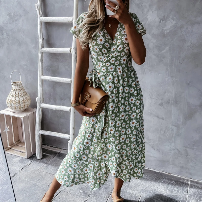 

Summer Short Sleeve Loose Maxi Beach Dress 2XL Spring Retro Daisy Print Wrap Party Dress Women Casual Lace-up Belted Long Dress