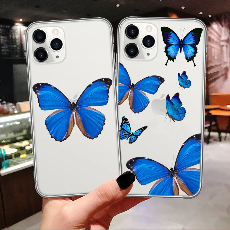 Милый синий чехол для телефона с рисунком бабочки iphone 11 Pro Max прозрачный мягкий