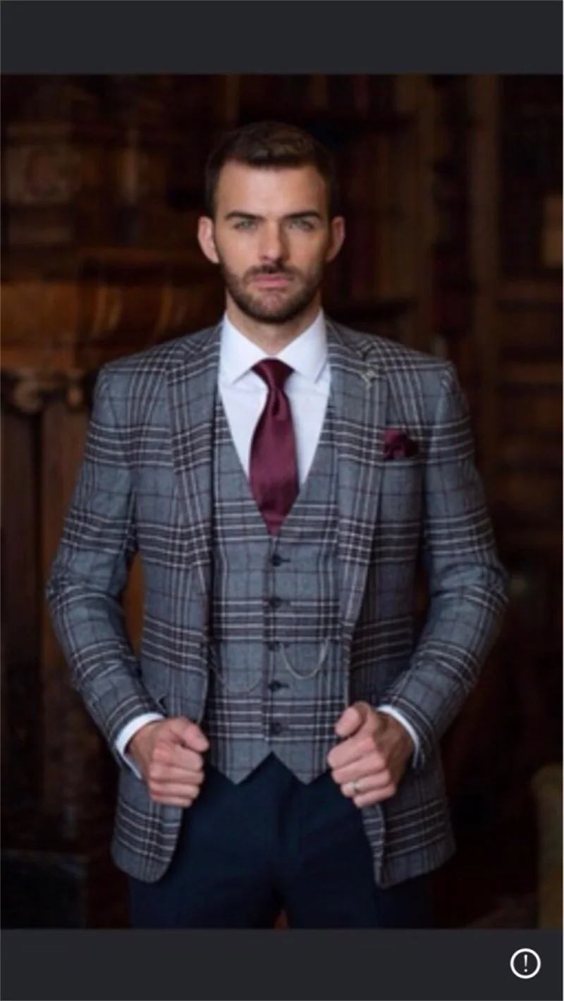 2 Sets Plaid Men Suits Modern Navy Custom Made Handsome Men Suits Single Breasted Cotton Formal Business Coat+Pant+Vest