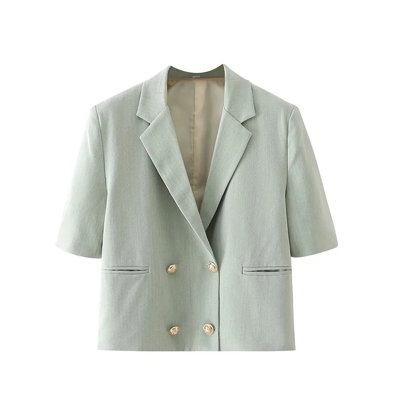 

2021 summer short-sleeved women's blazer coat Turn down collar double breasted two pockets outwear short blazers