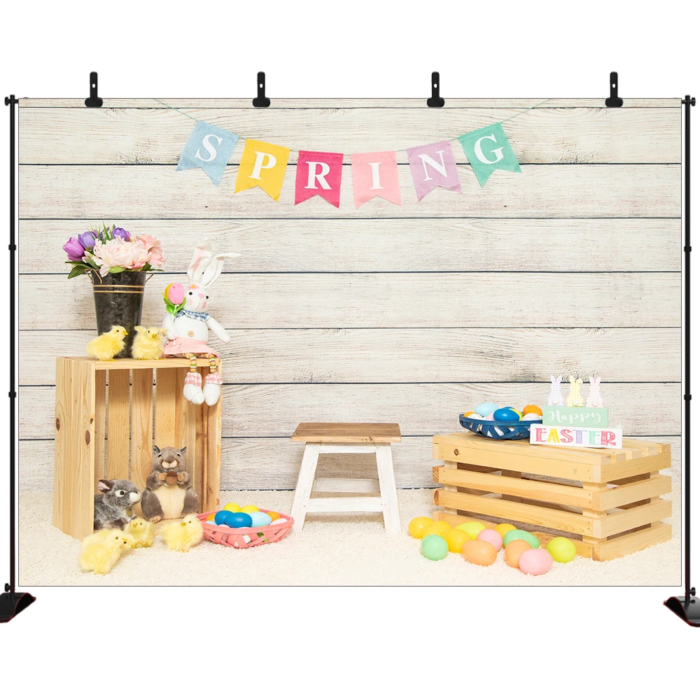 

Spring Easter Photo Backdrop Colourful Eggs Rabbit Toy Flowers Wooden Board Photography Backdgrounds Photoshoot Studio Banner