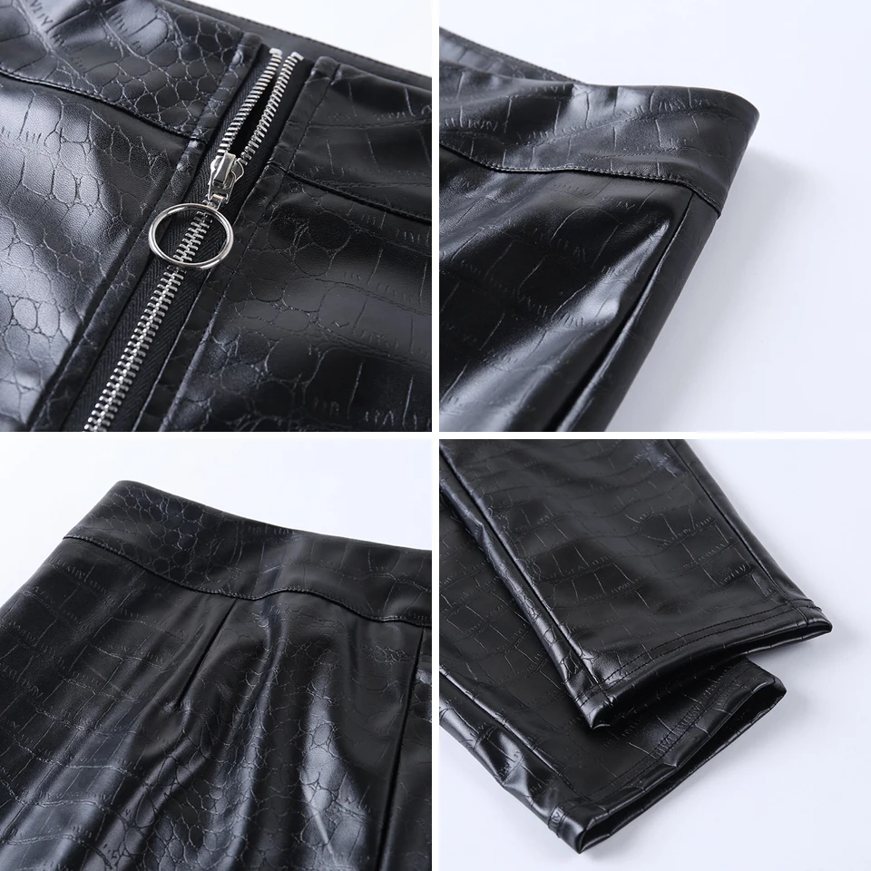 

Karlofea Women Fashion Crocodile Pattern PU Leather Pants Lady Casual Streetwear Long Trousers Chic Front Zipper Bodycon Pants