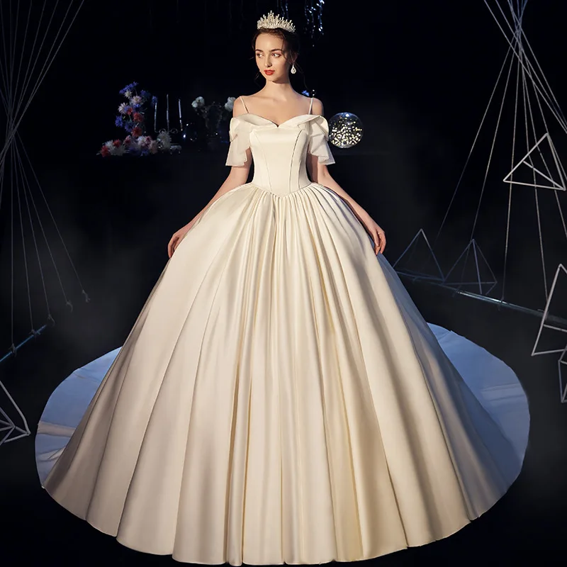 

Wedding Dress 2020 New Gryffon Satin Wedding Gown With Train Classic Spaghetti Straps Princess Vestido De Noiva Robe De Mariee