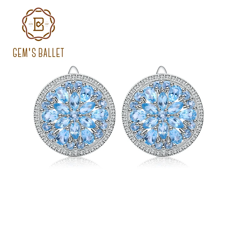 Женские серьги-Клипсы из чистого серебра 100% пробы с голубым топазом и