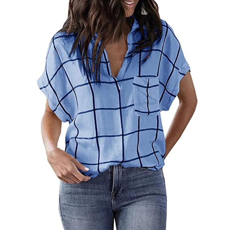 

Summer Women Shirts Fashion Casual Short Sleeve Blouses Plaid Turn Down Collar Female Loose T-shirts