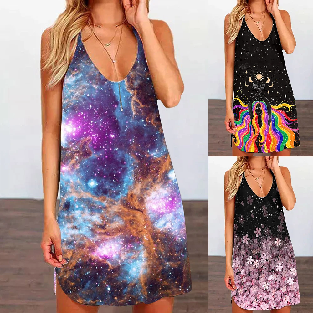 

Women Hollow Out Backless Mini Dress Summer V-Neck Sleeveless Vintage Off Shoulder Ladies Dress Printed Slim Female Dress D30