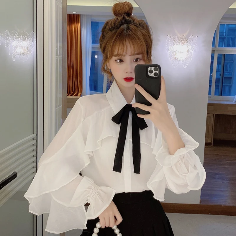 

Белая шифоновая рубашка, женская дизайнерская нишевая рубашка, новинка 2020, Осенний элегантный суперволшебный топ с оборками в стиле интерн...