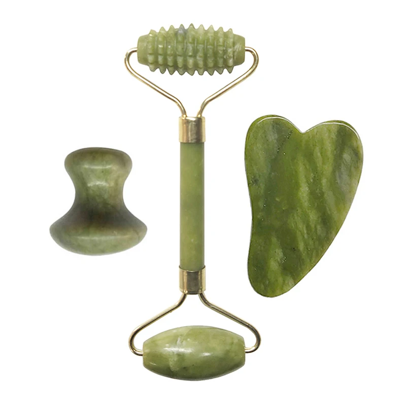 Натуральный нефритовый валик массажер для лица с напылением из гуаша скребок