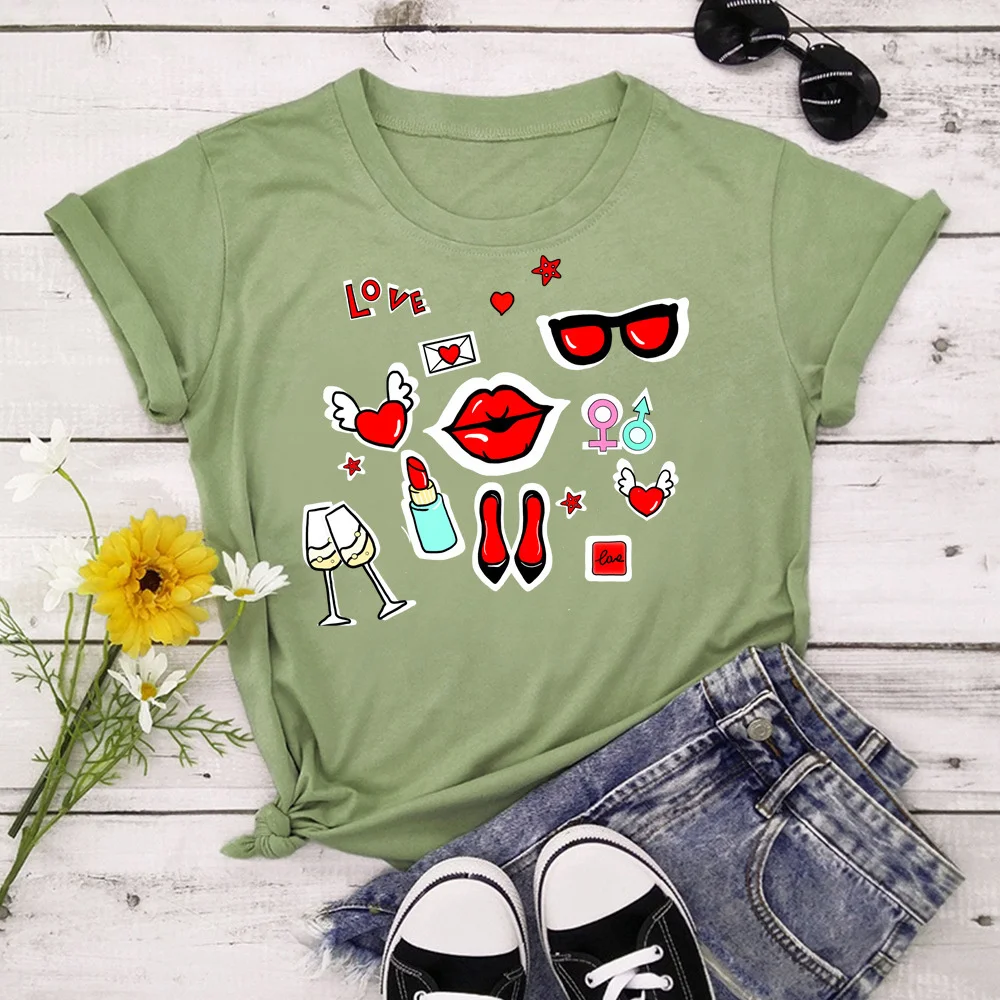 

New lips Print T-shirts Women Summer 2021 Graphic Tees Funny Shirts For woman tshirts Crew Neck Tops XK00006