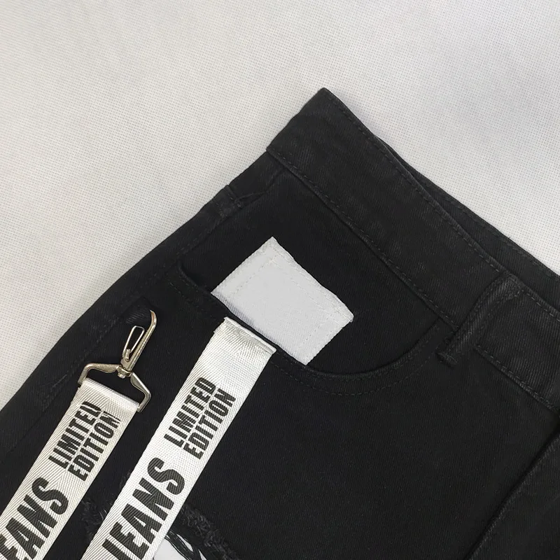 2022 New Arrival Patch Straps Hip Hop Men Pencil Jeans Trousers Hole Ripped Slim Punk Goth Denim Pants For Teens Pantaloni Uomo