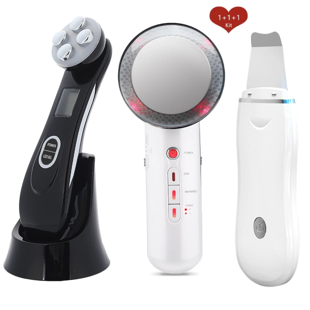 

Ultrasoic Skin Scrubber Face Cleaning Peeling Machine + RF EMS LED Light Facial Massager+Far Infrared Body Slimming Fat Burner
