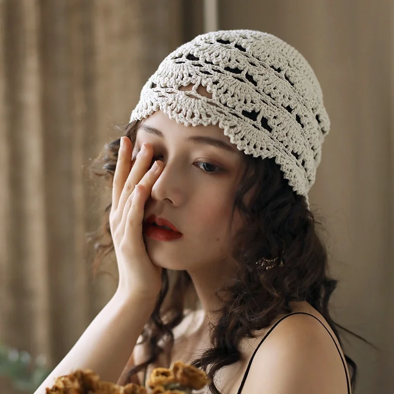 

Elegant Hand Crochet Cotton Beret Knits Baotou Painter Ms Hat Brim WOMEN HOLLOW HAT