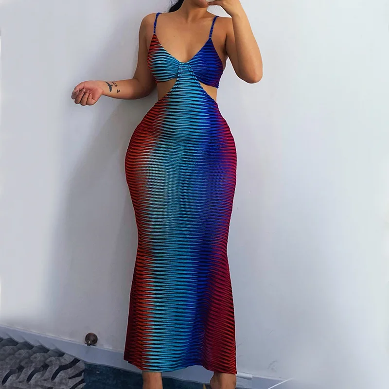 

Women Summer Sleeveless V Neck Hollow Out Striped Bodycon Prncil Long Dress Sundress 2021 Female Clothing Y2k Dresses Streetwear