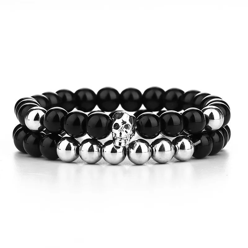 Мужской браслет с черепом Diffone гладкий обсидиановым камнем дистанционным