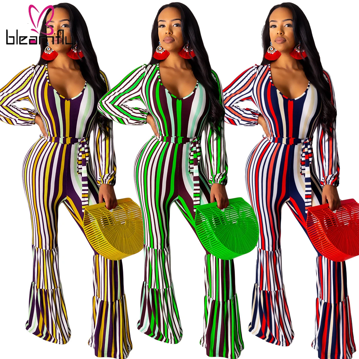 2019 женский комбинезон с длинным рукавом в полоску v образным вырезом бодикон