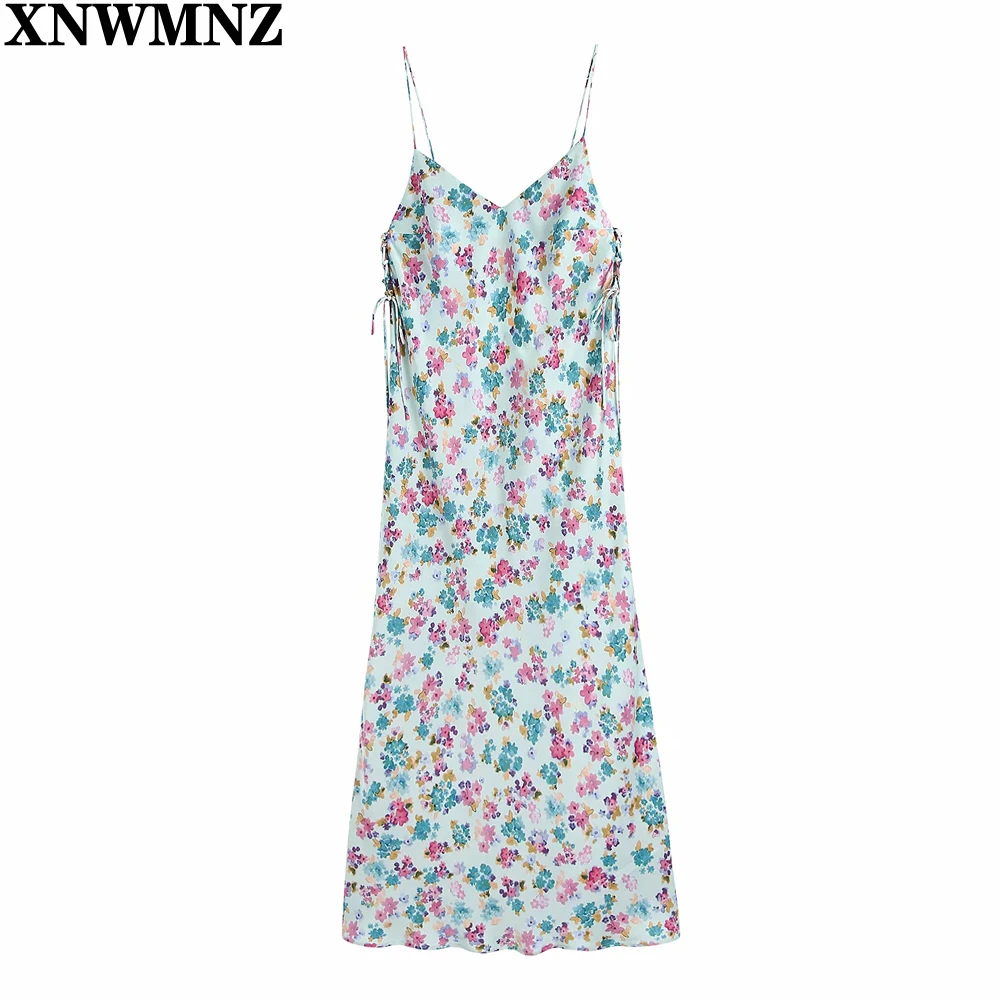 

XNWMNZ 2021 Summer Camisole Dress Women Floral Printed V Neck Dresses Female Party Vestido Elegant Girls Backless Causal Outfits