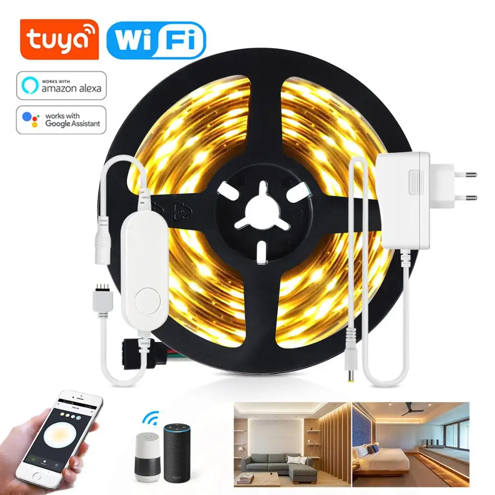 

Умная световая лента Tuya с Wi-Fi переключателем, светодиодная лампа с регулировкой яркости для Google Home, Alexa, управление через приложение, 5 м