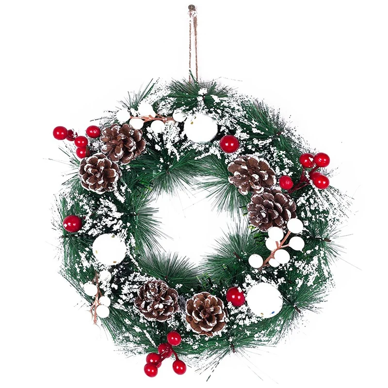 

Рождественский декоративный венок для входной двери, настенный подвесной Снежный шар, красная ягода, Сосновая коническая гирлянда, украшен...