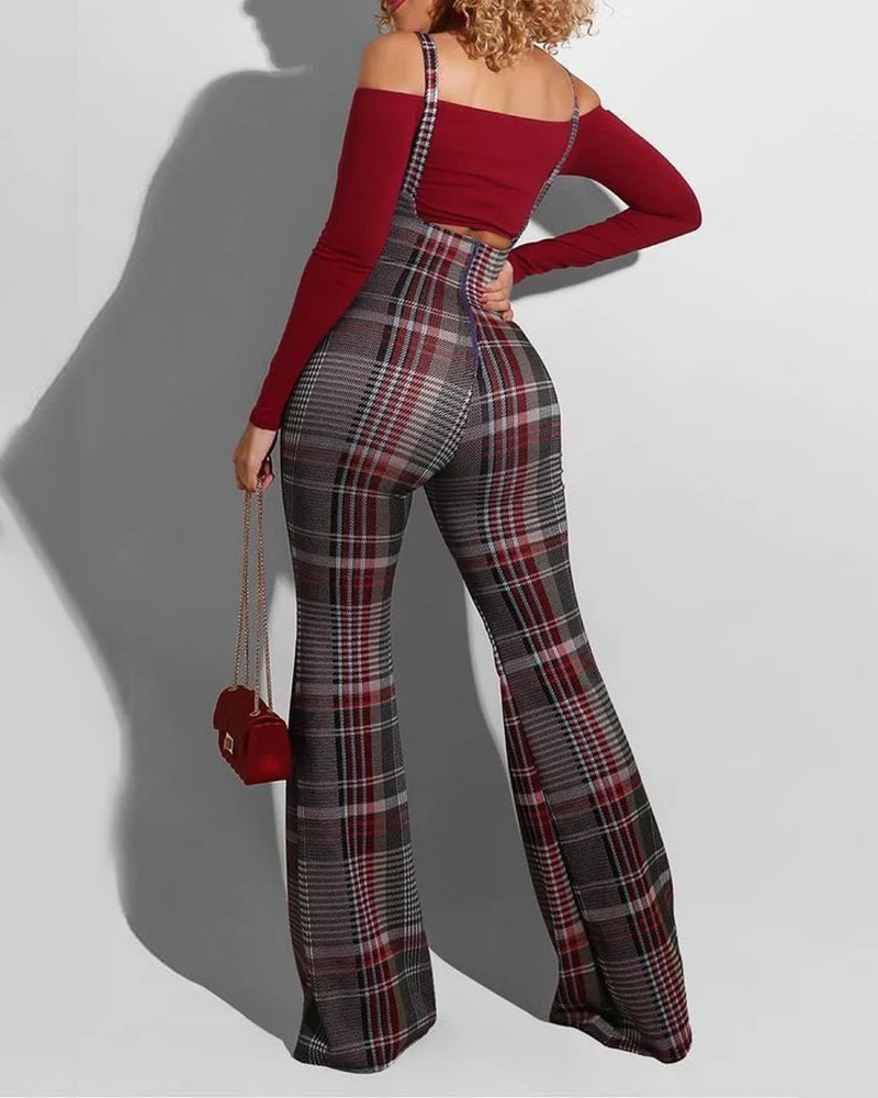 2021 Women Fashion Elegant Casual Plaid Colorblock Suspender Pants Spaghetti Strap Sexy Spring Autumn