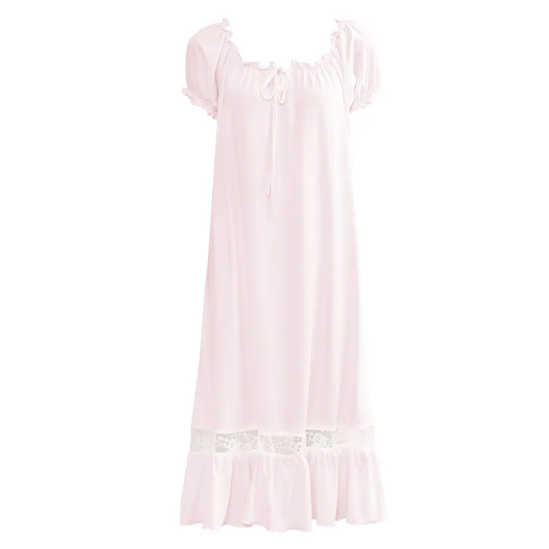 Spring Summer Women's Nightdress Short-sleeved Long Dress Lace Sweet Princess Loose Home Service Sexy Sleepwear Women Sleep Tops