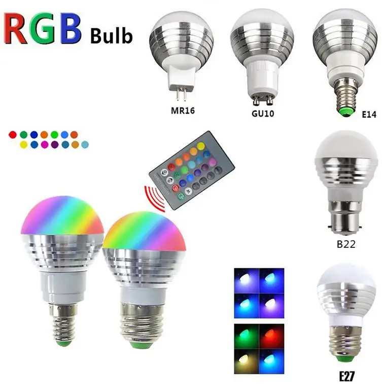 110 В 220 в 85 265 E27 E14 LED 16 цветов Изменение RGB волшебная лампа Светодиодная прожектор +