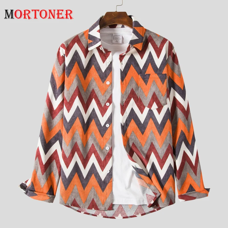 

Мужская Вельветовая рубашка с длинным рукавом MORTONER, повседневная хлопковая рубашка в полоску с волнистыми полосками, 2021